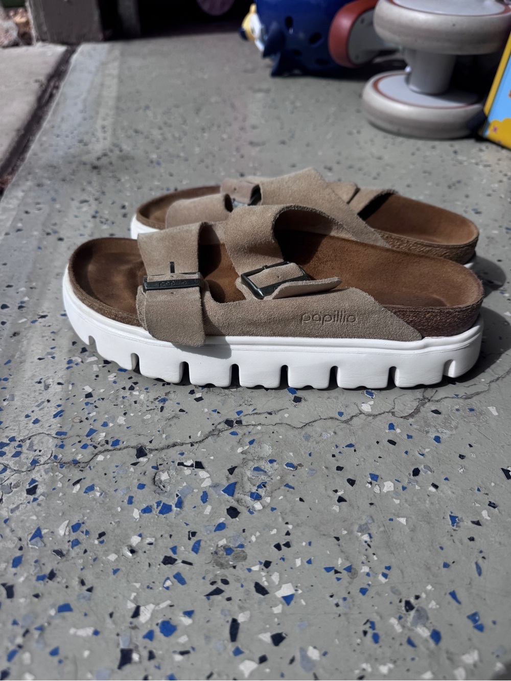 Birkenstock Papillio Taupe Suede Dual-Strap Platform Sandals with White Sole